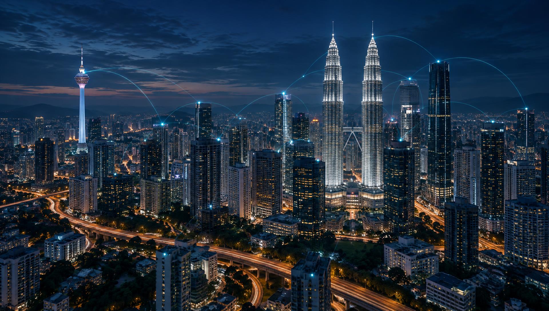 Kuala Lumpur skyline at night with connected light trails