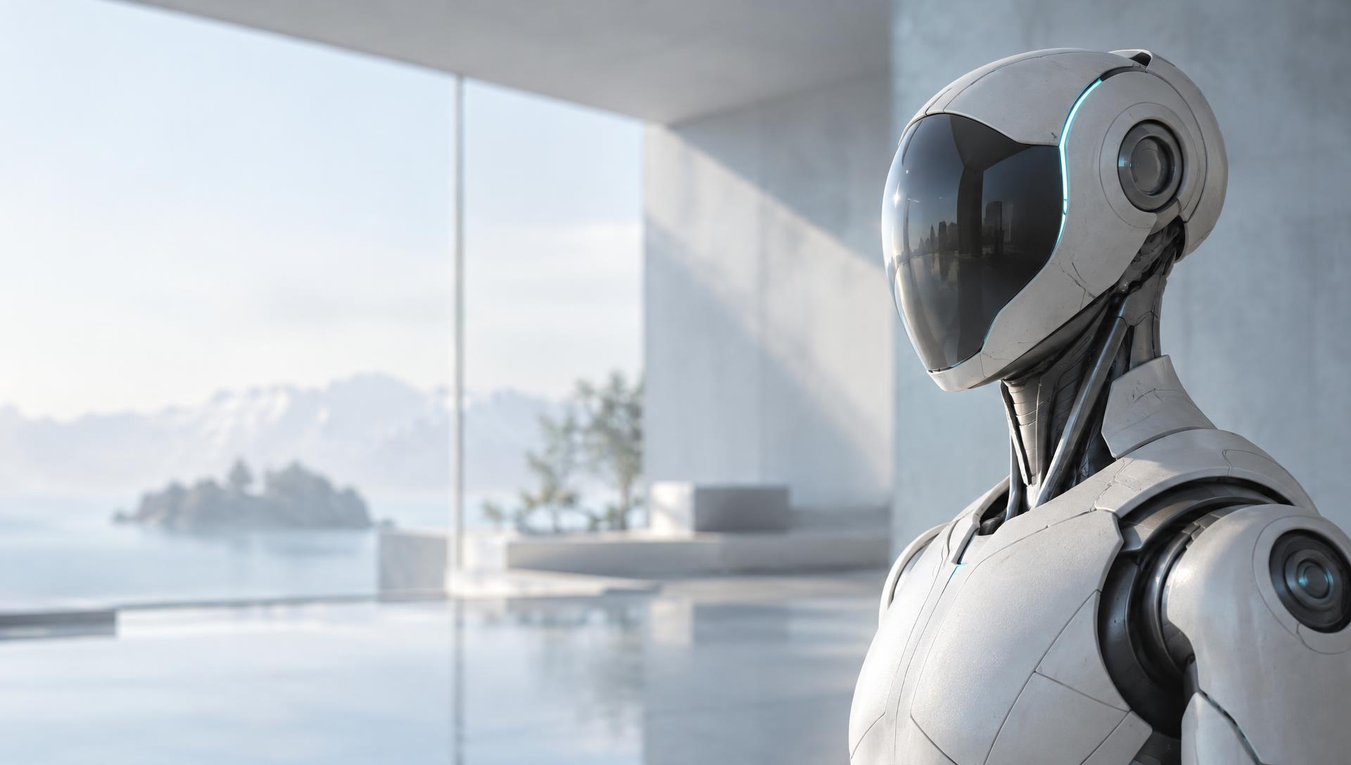 Elegant white humanoid AI robot with subtle teal light seams in a bright architectural space